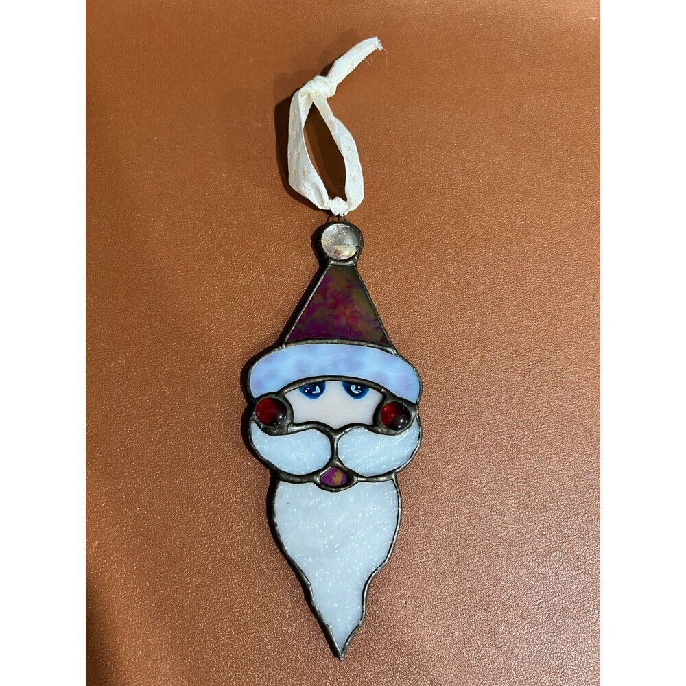 Vintage Unique Stained Glass Santa Head Holiday Ornament Collectible Art